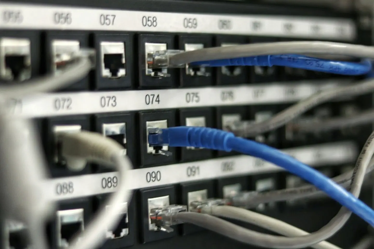 Network patch panel with numbered ports and connected cables – on-site network